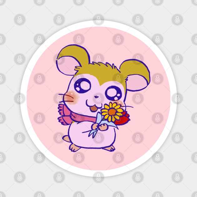 cute pink scarf pastel hamster pashmina with sunflower and tulip Magnet by mudwizard